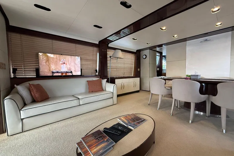  Yacht Photos Pics Luxurious interior of 2014 Azimut 80 yacht with modern furnishings and entertainment system.