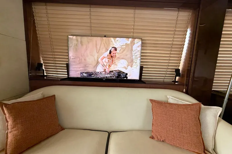  Yacht Photos Pics Luxurious Azimut 80 yacht interior with TV and cozy seating, 2014 model.