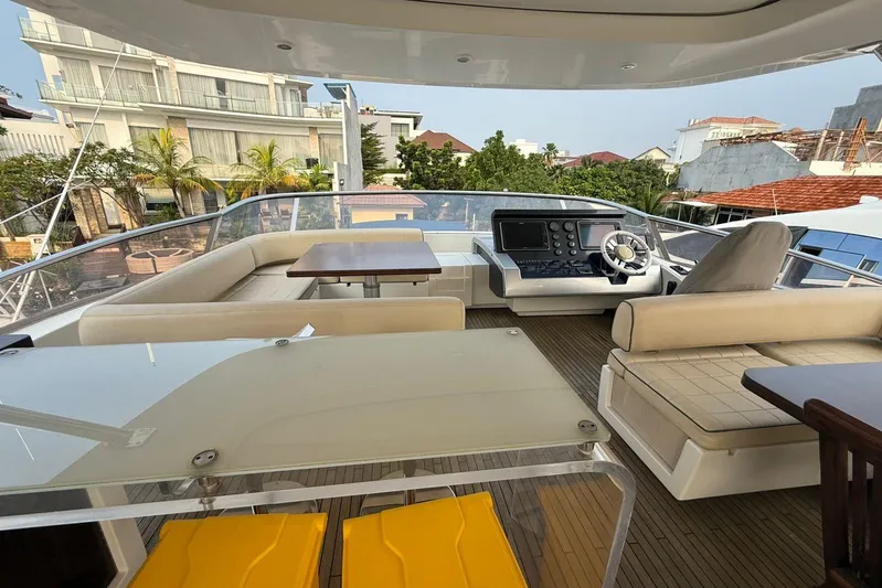  Yacht Photos Pics Luxurious 2014 Azimut 80 yacht deck with seating, table, and helm station.