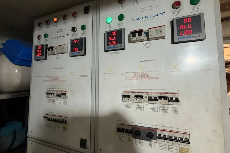  Yacht Photos Pics Electrical control panel of a 2014 Azimut 80 yacht with warning indicators.