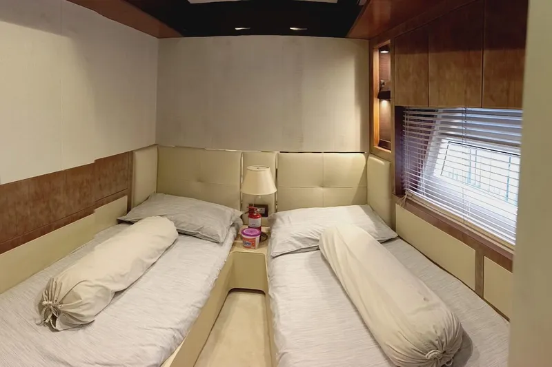  Yacht Photos Pics Luxurious cabin interior of 2014 Azimut 80 yacht with twin beds and elegant decor.