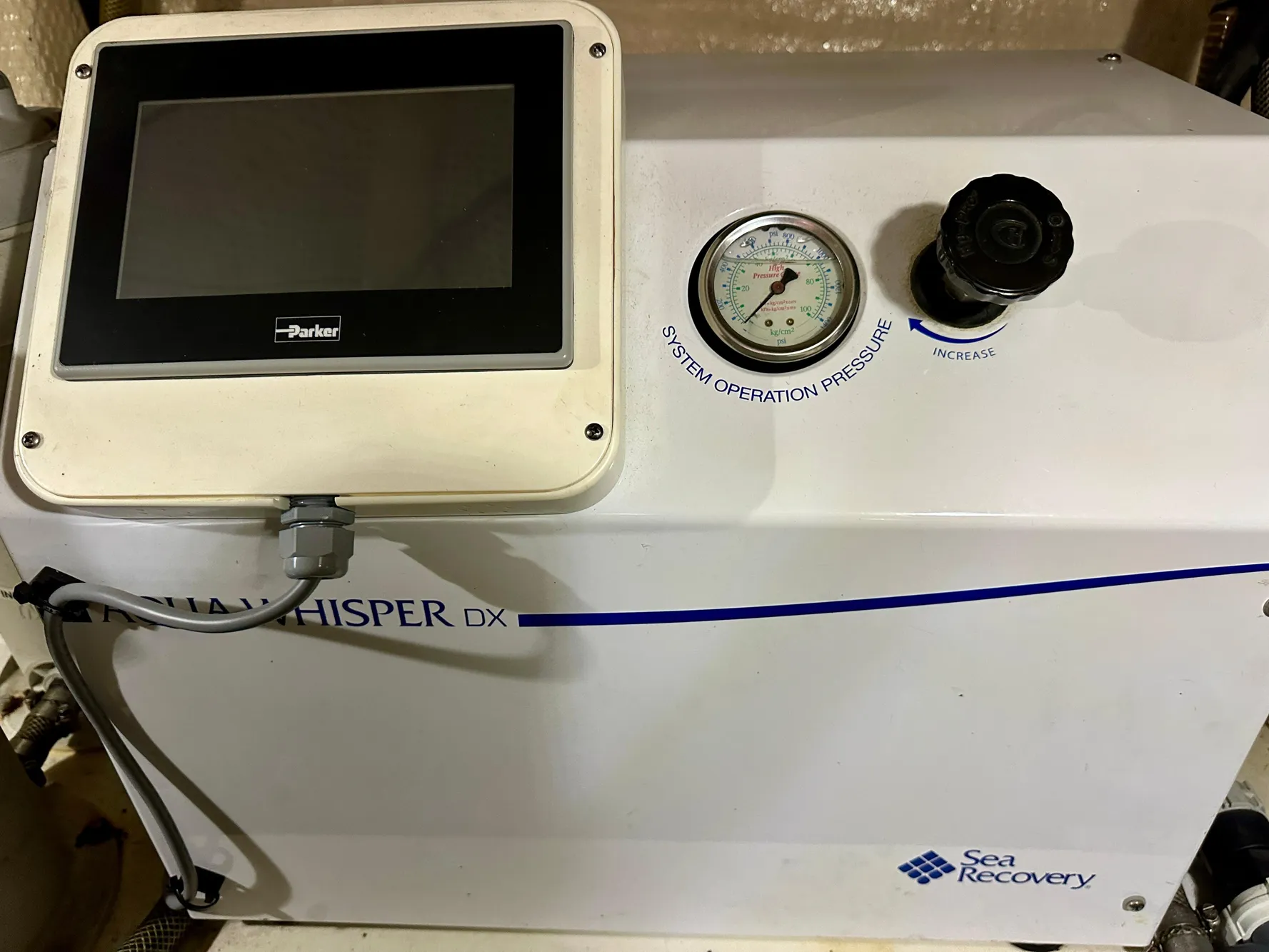 Sea Recovery watermaker control panel on 1989 Grand Banks 42 Classic yacht.