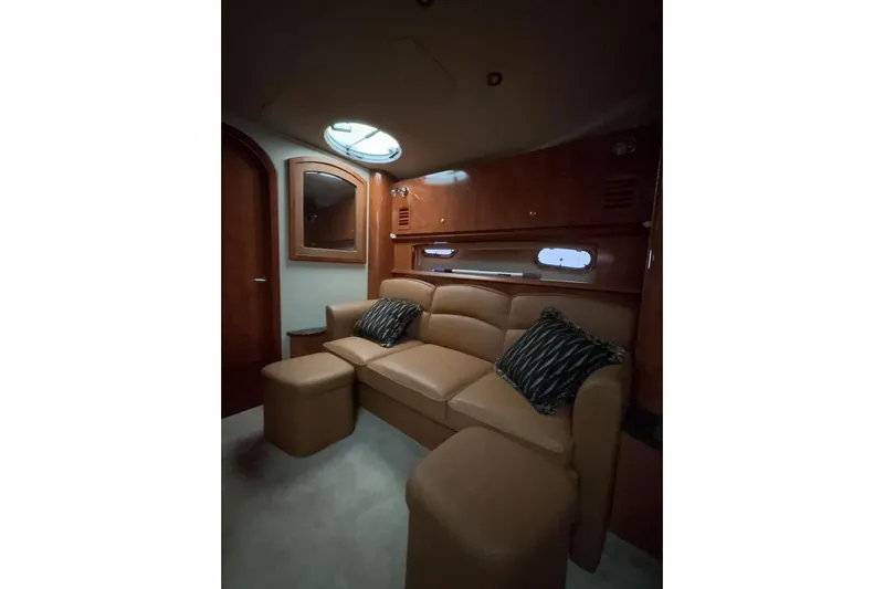  Yacht Photos Pics Luxurious interior of 2007 Four Winns 378 Vista yacht with plush seating and elegant wood finishes.