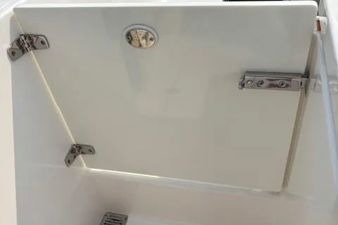 Syd Fishes Yacht Photos Pics 2017 Pursuit OS 325 Offshore boat compartment with stainless steel hinges and latch.