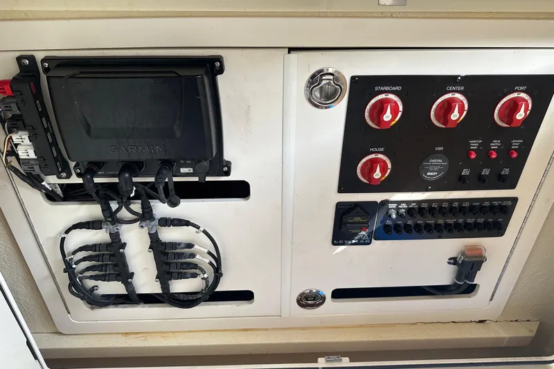  Yacht Photos Pics Electrical panel of a 2019 Sailfish 360 CC boat with Garmin equipment.