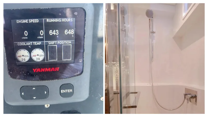  Yacht Photos Pics Yanmar engine display and modern shower in 2020 Lagoon 52 F yacht.