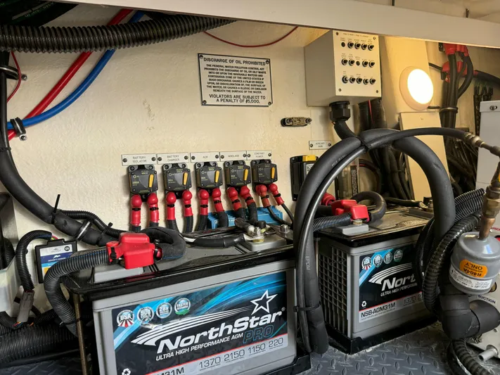 Aseage Yacht Photos Pics Engine room of 2022 Formula 380 Super Sport Crossover OB with NorthStar batteries.