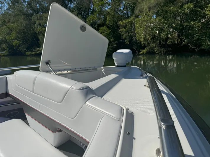 Aseage Yacht Photos Pics 2022 Formula 380 Super Sport Crossover OB boat interior with open storage compartment.