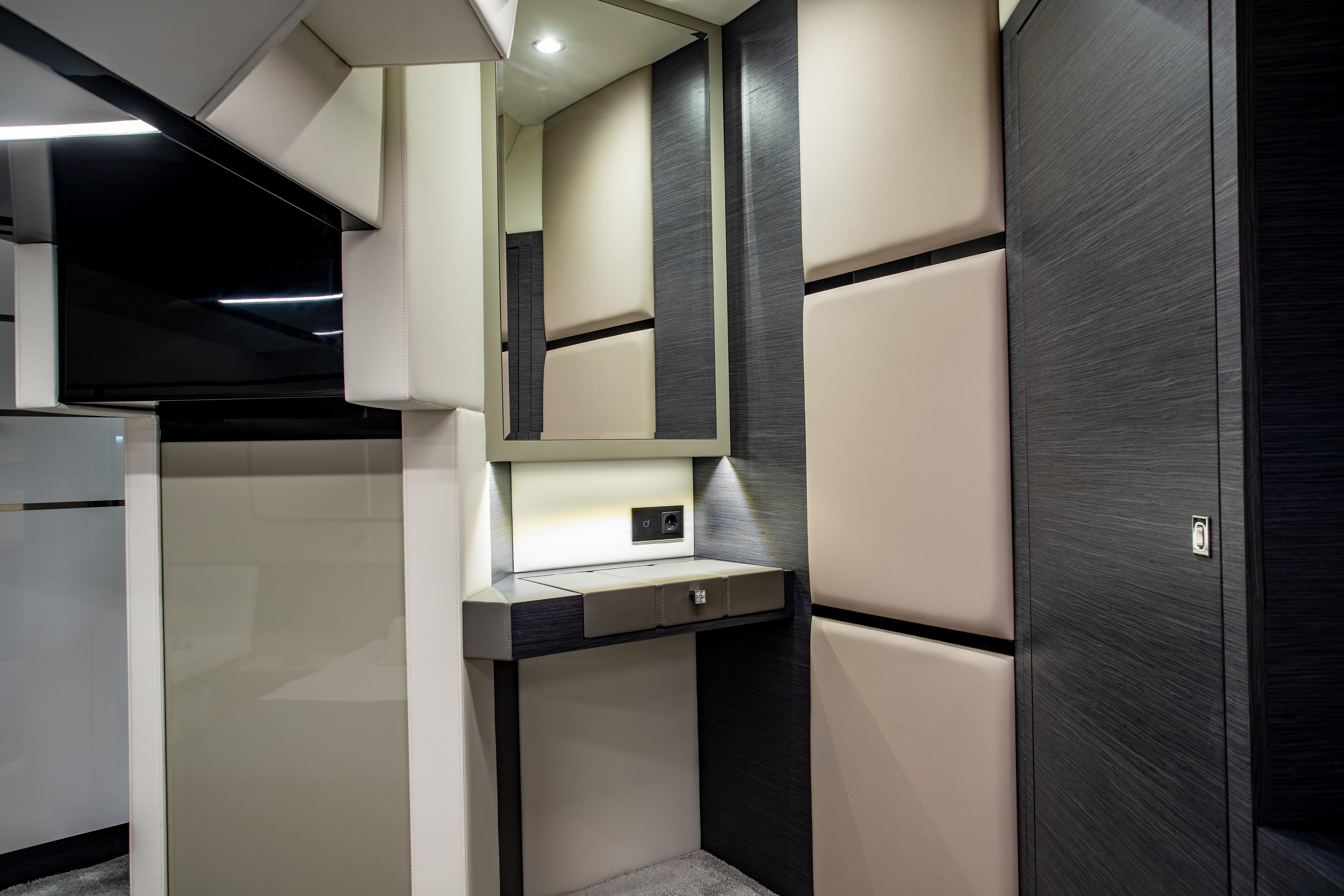 Luxurious interior of 2025 Cobrey 45 FLY yacht with modern design elements.