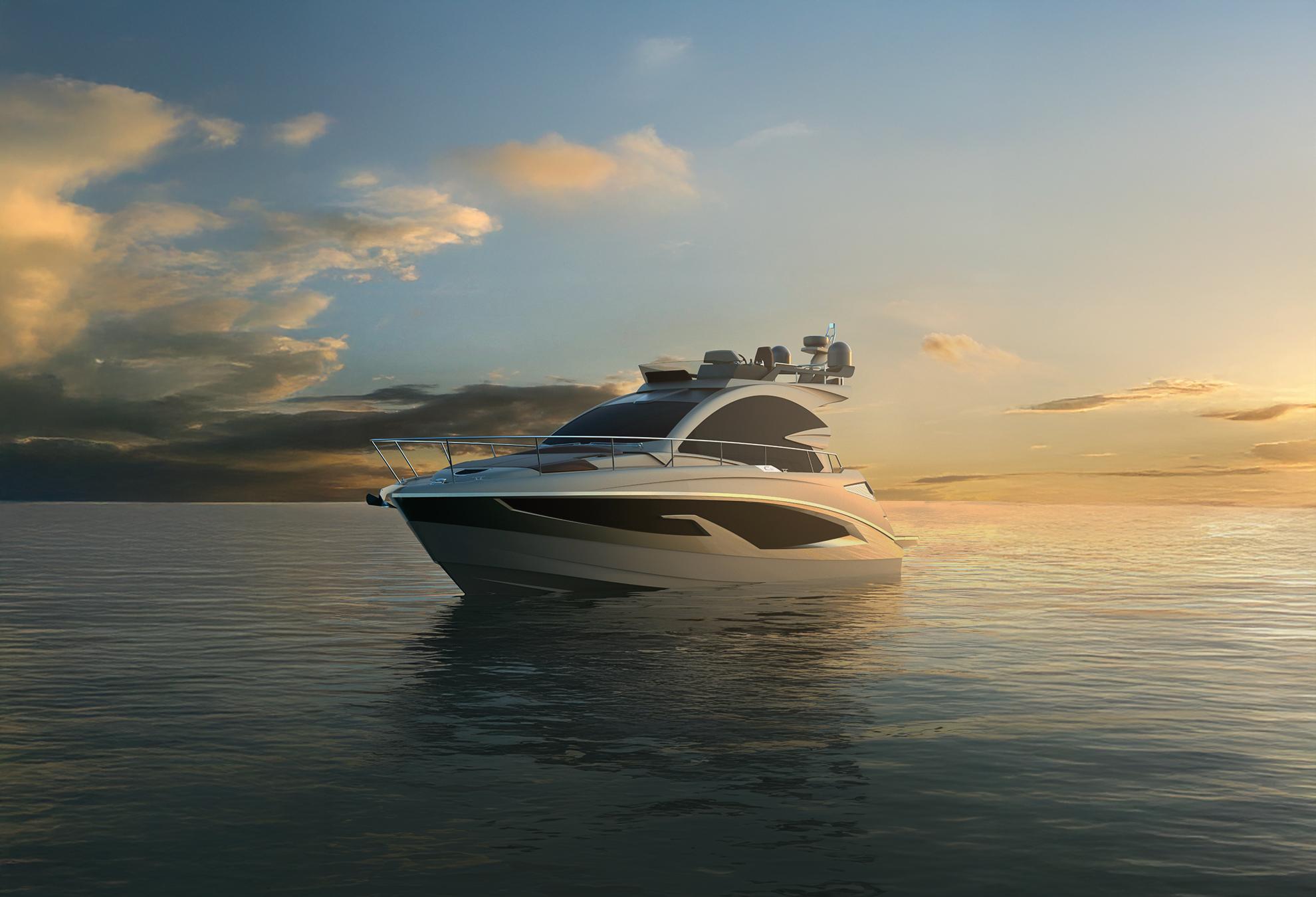 2025 Cobrey 45 FLY yacht cruising at sunset on calm waters.