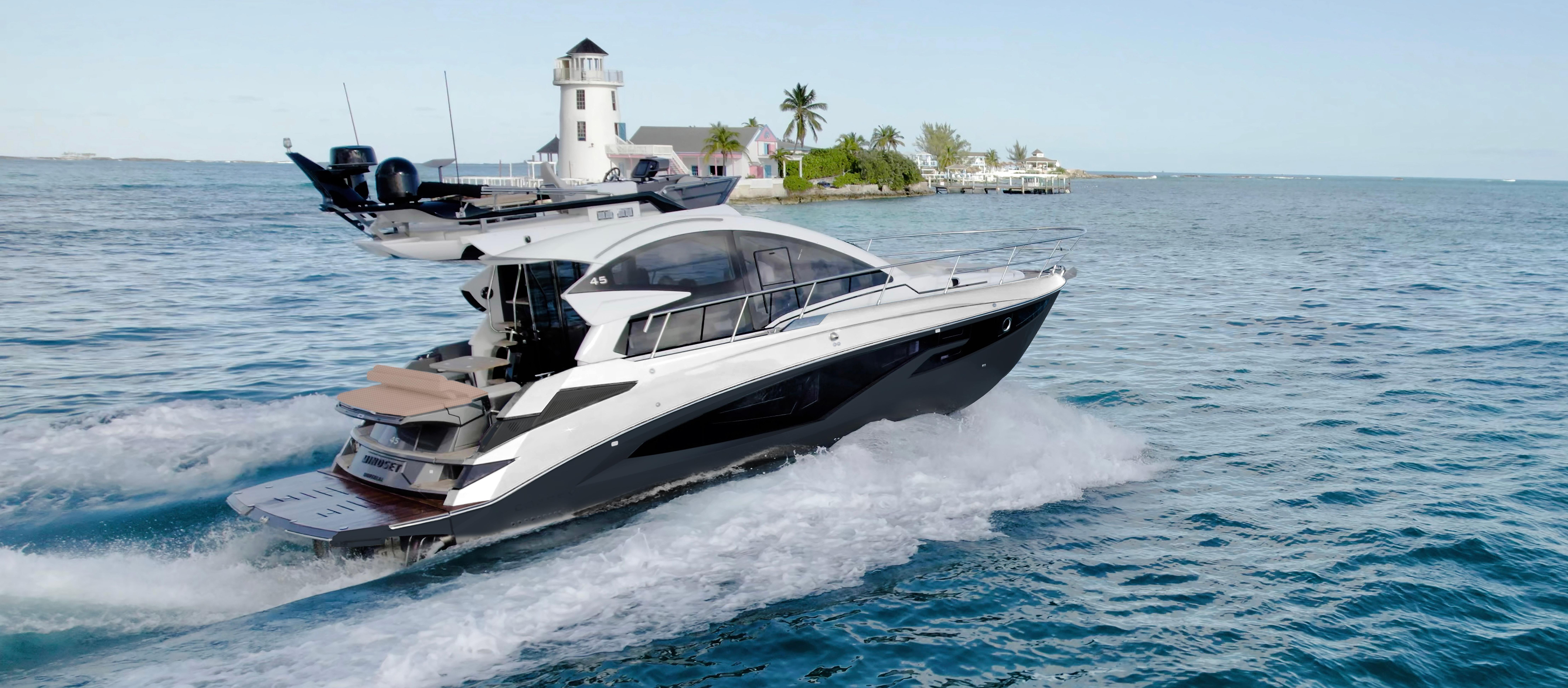 2025 Cobrey 45 FLY yacht cruising near a lighthouse on open water.