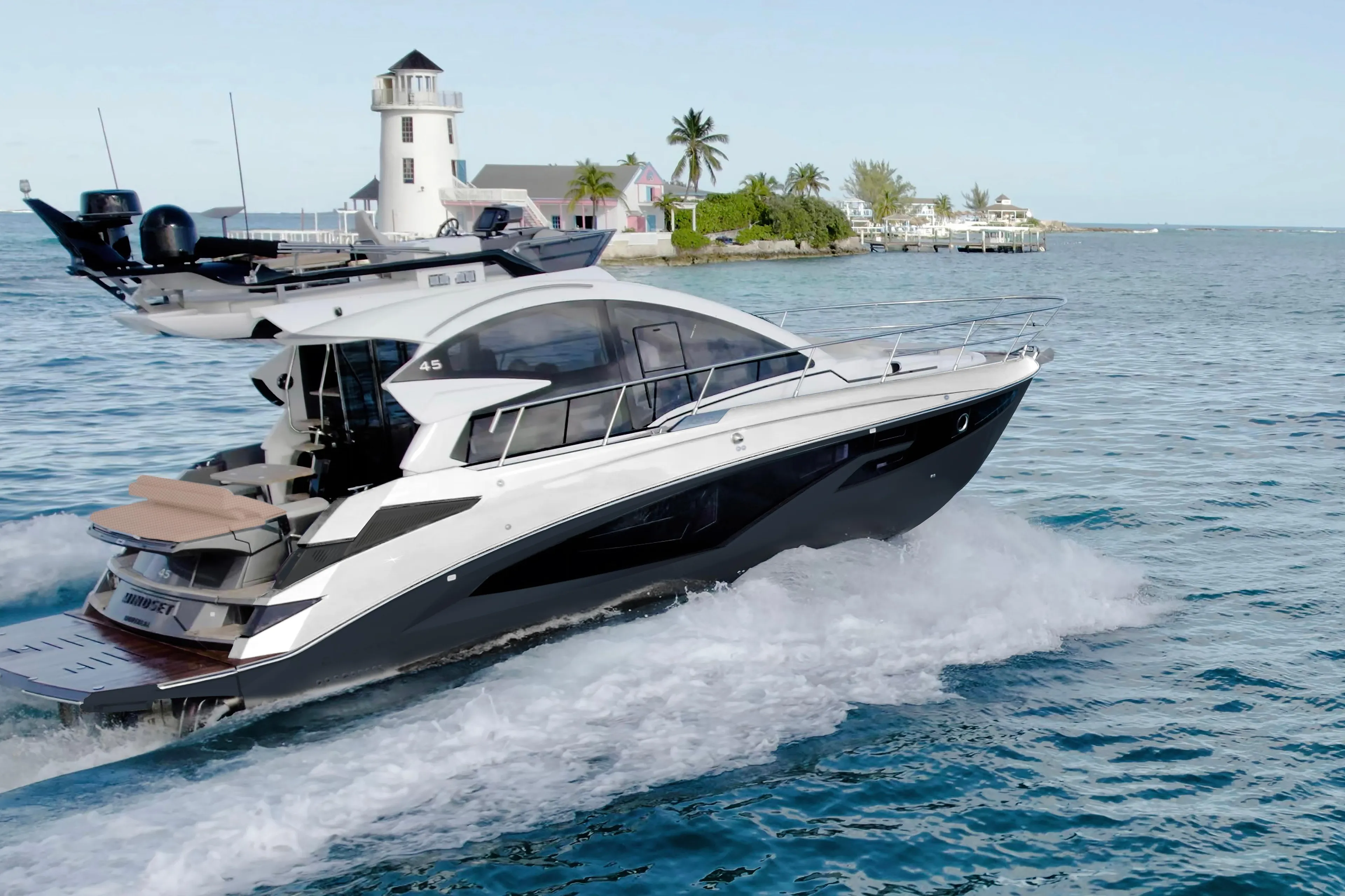 2025 Cobrey 45 FLY yacht cruising near a lighthouse on open water.