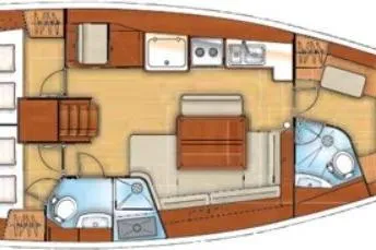 Pegasus Yacht Photos Pics Floor plan of a 2011 Beneteau Oceanis 43 sailboat, featuring cabins and amenities.