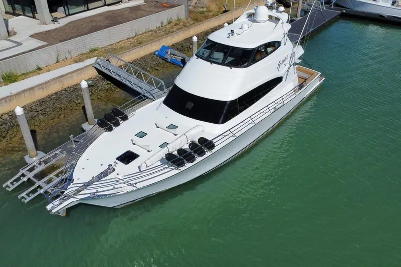 Gramac V Yacht Photos Pics Aerial view of 2007 Azzura 76 yacht docked in marina.