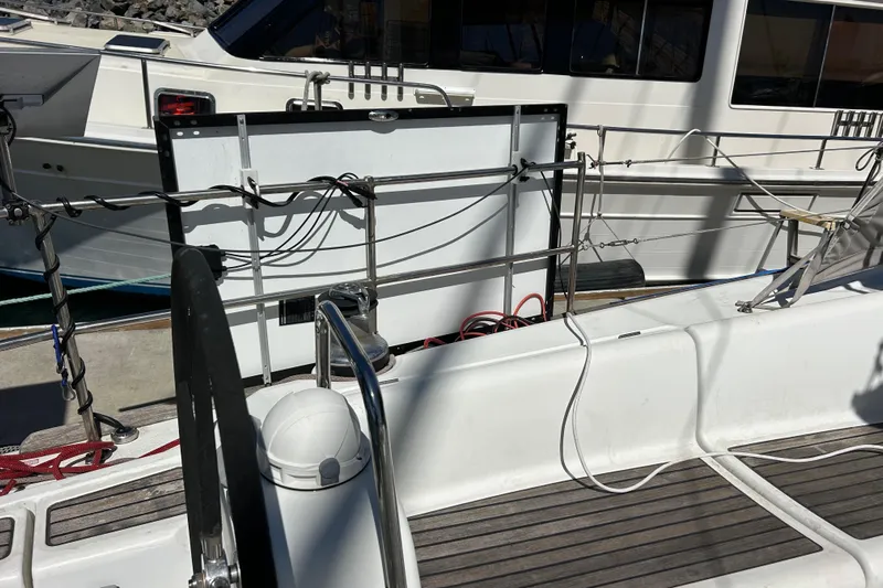 Banyan Sea Yacht Photos Pics Beneteau Oceanis 43 yacht deck, 2008 model, featuring railing and nautical equipment.