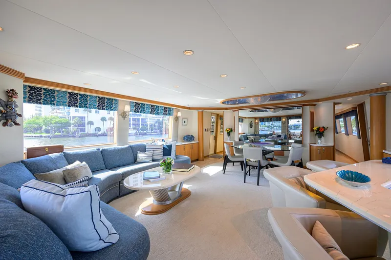 Hard Times Yacht Photos Pics Luxurious interior of 1998 Westport Westbay Sonship Raised Pilothouse yacht, featuring elegant seating and decor.