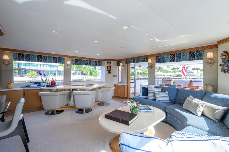 Hard Times Yacht Photos Pics Luxurious interior of 1998 Westport Westbay Sonship yacht with elegant seating and decor.