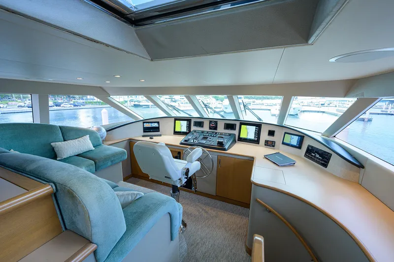 Hard Times Yacht Photos Pics Raised pilothouse interior of 1998 Westport Westbay Sonship yacht, featuring navigation equipment and seating.