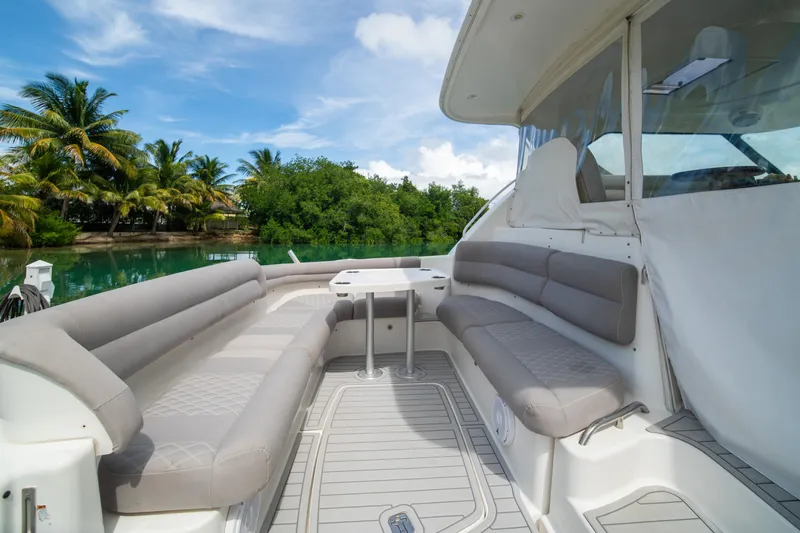  Yacht Photos Pics 2007 Tiara Yachts 4300 Sovran interior with plush seating, tropical backdrop.
