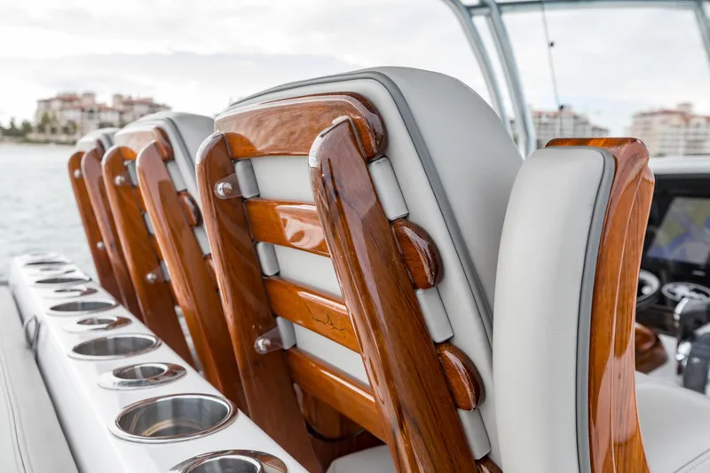 Bank Fees Yacht Photos Pics 2022 Valhalla Boatworks V-41 with luxurious wooden and leather seating detail.