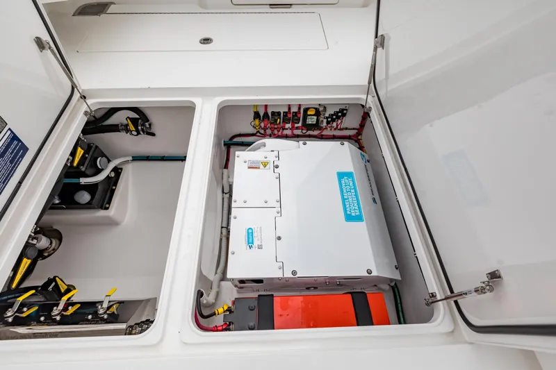 Bank Fees Yacht Photos Pics 2022 Valhalla Boatworks V-41 engine compartment with electrical components and wiring.