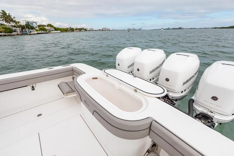 Bank Fees Yacht Photos Pics 2022 Valhalla Boatworks V-41 with four Mercury outboard engines on open water.