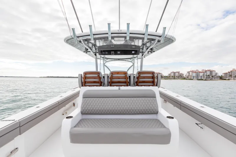 Bank Fees Yacht Photos Pics 2022 Valhalla Boatworks V-41 interior with seating, ocean view, and modern design.