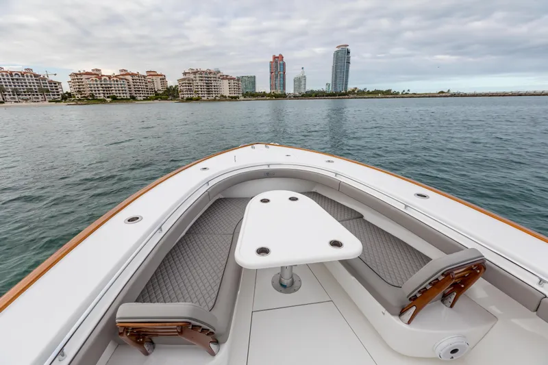Bank Fees Yacht Photos Pics 2022 Valhalla Boatworks V-41 with seating area, ocean view, and city skyline in background.
