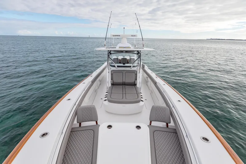 Bank Fees Yacht Photos Pics 2022 Valhalla Boatworks V-41 on open water, showcasing sleek design and spacious deck.