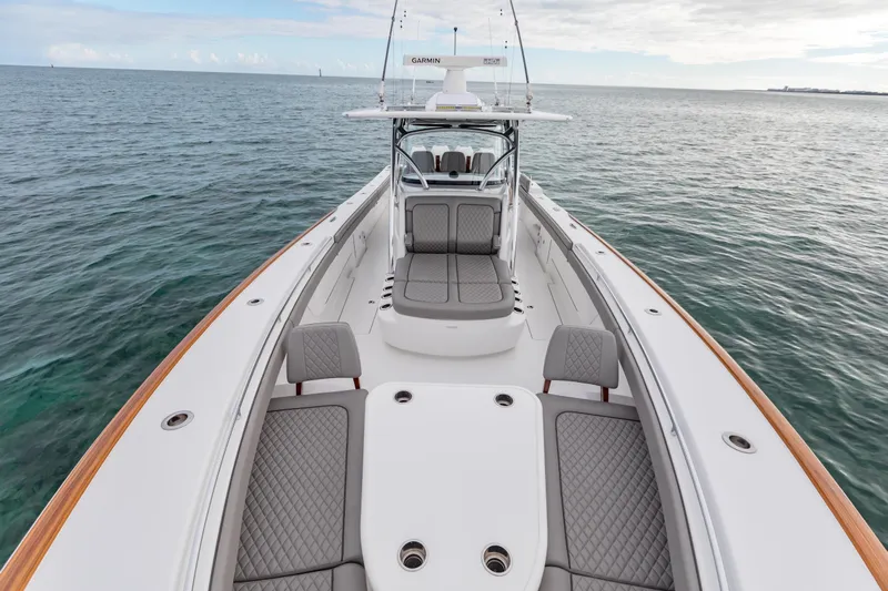 Bank Fees Yacht Photos Pics 2022 Valhalla Boatworks V-41 on open water, showcasing sleek design and spacious deck.