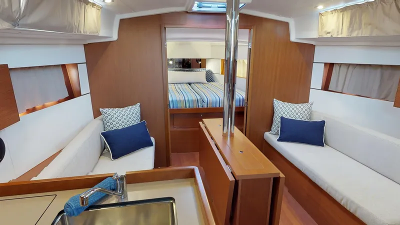 Wanderlust Yacht Photos Pics Interior of 2019 Beneteau Oceanis 38.1 yacht with cozy seating and modern design.