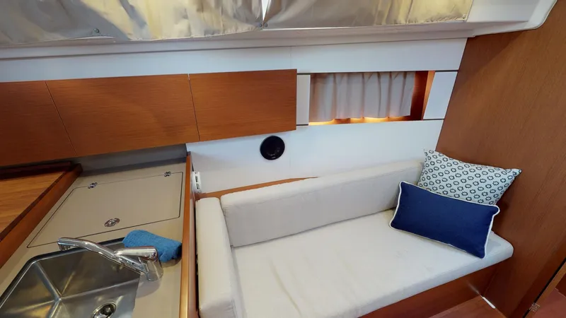 Wanderlust Yacht Photos Pics Interior of 2019 Beneteau Oceanis 38.1 yacht with cozy seating and modern design.