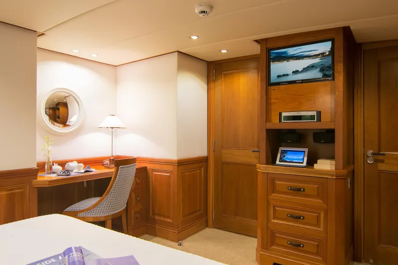 Parvati Yacht Photos Pics Luxurious cabin interior of 1979 CRN Displacement yacht with wooden furnishings and modern amenities.