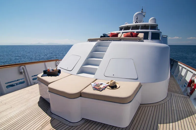 Parvati Yacht Photos Pics Luxurious 1979 CRN Displacement yacht deck with sun loungers and ocean view.