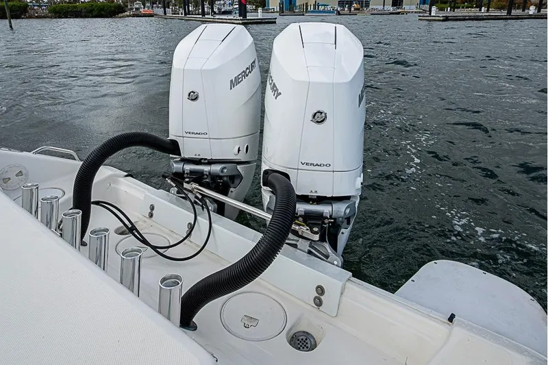  Yacht Photos Pics 2007 Triton 351 CC boat with dual Mercury Verado outboard engines on water.