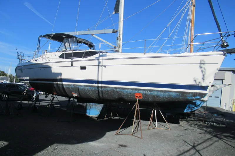 The Boat Yacht Photos Pics 2007 Marlow-Hunter 45CC sailboat on stands, ready for maintenance.