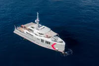 Custom 2024 K584 Hull 2 yacht cruising on open blue sea.