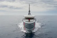 Front view of 2024 Custom K584 Hull 2 yacht cruising on open sea.