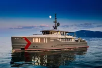 Custom 2024 K584 Hull 2 yacht on calm sea under moonlit sky.