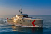 Modern 2024 Custom K584 Hull 2 yacht cruising on open sea at sunset.