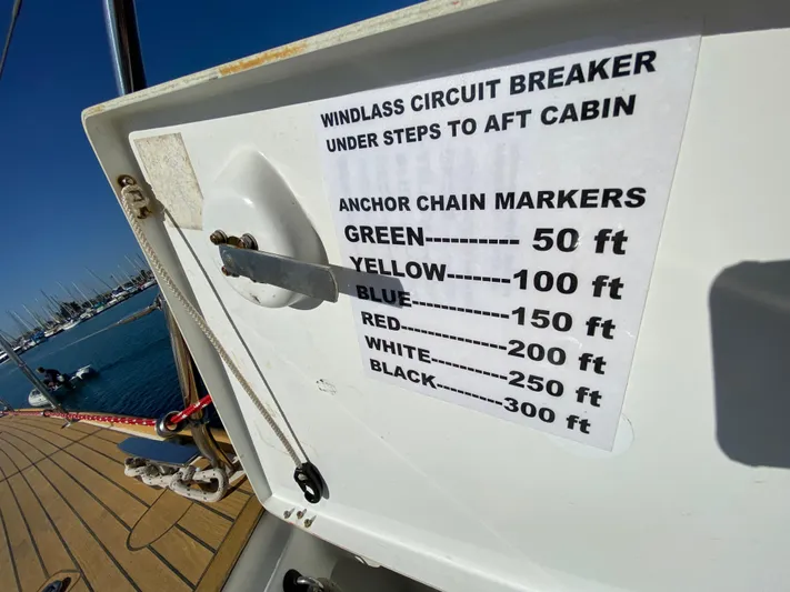  Yacht Photos Pics Jeanneau 57 sailboat anchor chain markers guide, 2013 model, docked at marina.