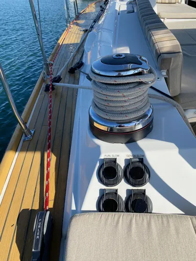  Yacht Photos Pics Deck view of 2013 Jeanneau 57 sailboat with winch and rope details.