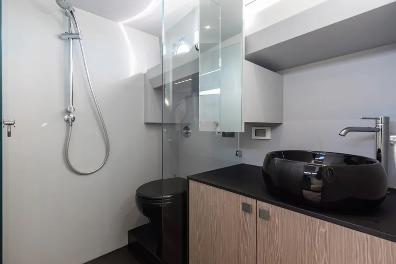 Anvera 48 Yacht Photos Pics Modern bathroom in 2025 Anvera 48 yacht with sleek fixtures and elegant design.