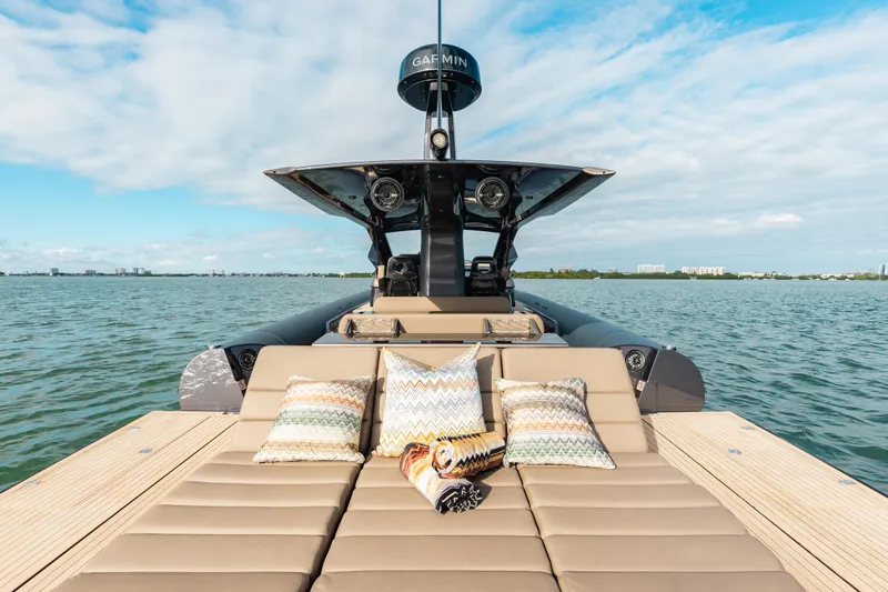 Anvera 48 Yacht Photos Pics Luxurious 2025 Anvera 48 yacht with sunbathing deck, cushions, and scenic ocean view.