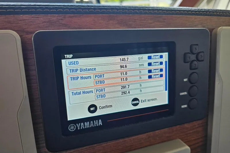 Frisky Yacht Photos Pics Yamaha display showing trip data on a 2022 Cuwater C-32-CB boat.