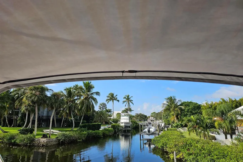 Frisky Yacht Photos Pics Tropical canal view from Cuwater C-32-CB boat, 2022 model, with palm trees and clear sky.