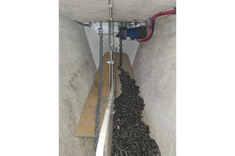 Migaloo Yacht Photos Pics Anchor chain locker of 1996 Island Packet 40 sailboat.