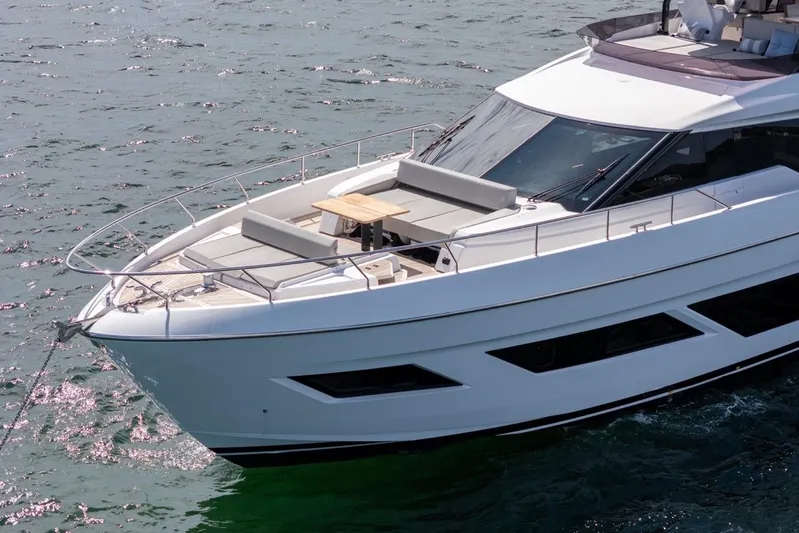 Santa Maria Yacht Photos Pics 2024 Ferretti Yachts 720 cruising on water, showcasing sleek design and luxury features.