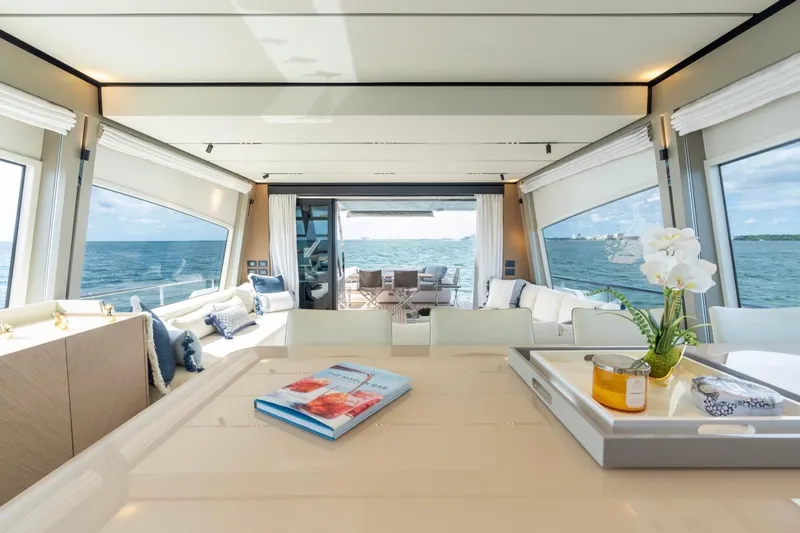 Santa Maria Yacht Photos Pics Luxurious interior of 2024 Ferretti Yachts 720 with ocean view and elegant decor.