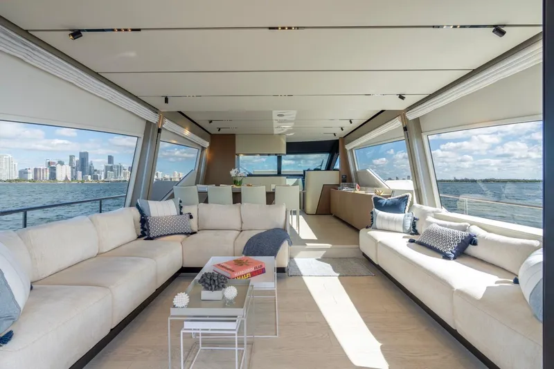 Santa Maria Yacht Photos Pics Luxurious interior of 2024 Ferretti Yachts 720 with panoramic ocean views.